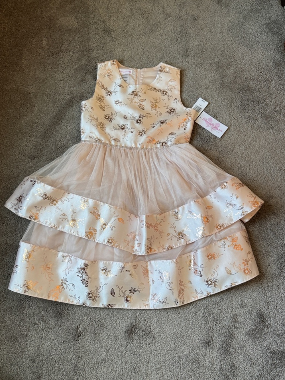 Bonnie Jean Olivia Pink Gold Floral Tiered Party Dress SIZE 14